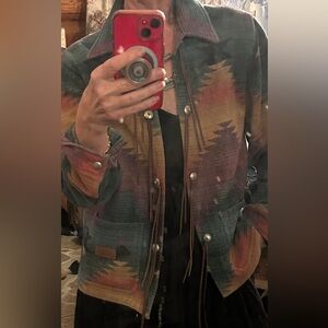 Wool Ralph Lauren Aztec jacket with leather and silver toned conchos